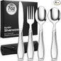 BUNMO Weighted Utensils for Hand Tremors – 4pc Adaptive Utensils for Elderly, Persons w/weak hands – Discreet Travel Wrap, Stainless Steel & Dishwasher Safe – Weighted Silverware Set