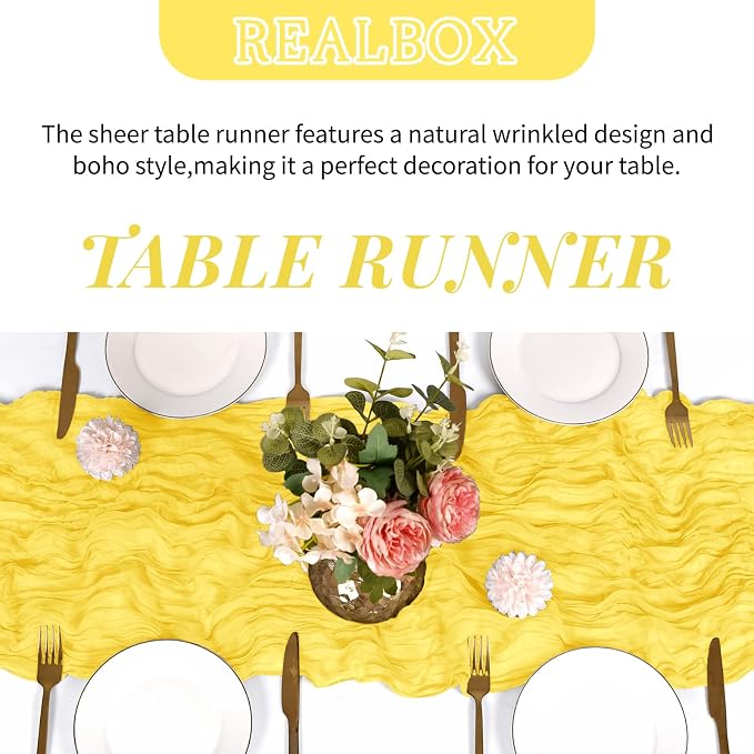 3 Pack Lemon Yellow Cheesecloth Table Runner 17x108 Inch Semi Sheer Boho Gauze - Image 4