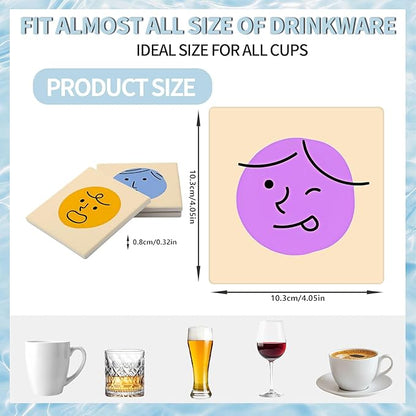 MAYCARI Cartoon Emotional Face Coasters Set of 6 Cork Backed Cute Coasters with Metal Holder Original Ceramic Surface Drink Cup Mats for Tabletop Protection Modern Desk Decoration Birthday Gifts