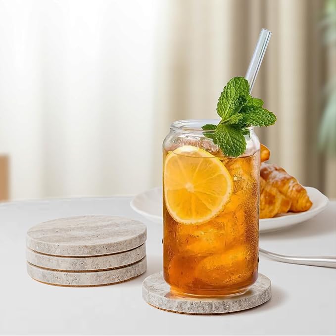 Marble Coaster for Drinks 4" Diameter Set of 4 Round Travertine Coasters for - Image 5