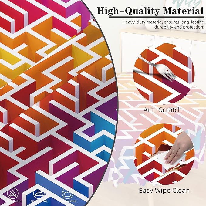 Laeacco 60 Inch Maze Round Tablecloth Colorful Labyrinth Texture Modern Geometric Abstract Art Print Table Cloth Washable Waterproof Wrinkle Free Table Cover for Kitchen Dining Picnic Party Decor