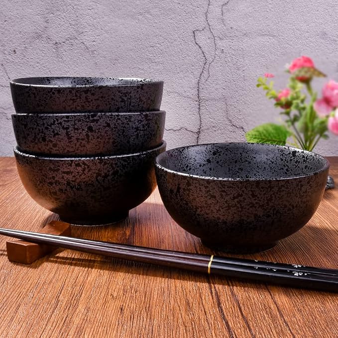 Japanese Rice Bowl Set of 4 Porcelain Sushi Bowls Serving Bowls Speckled Black - Image 4