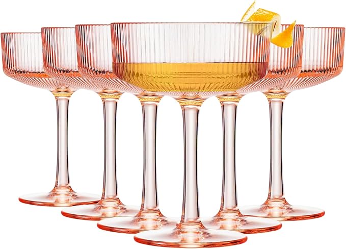 Khen Pink Peach Acrylic Ribbed Coupe Martini Champagne Cocktail Glasses by Khen
