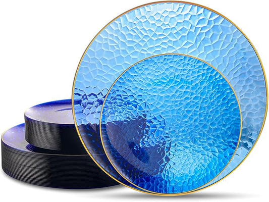 Hioasis 60pcs Blue Plastic Plates - Gold Rimmed Disposable, Hammered, Heavy-duty Dinnerware Set Suitable for 30 Guests, 10.25" Dinner & 7.5" Dessert Plates for Party & Wedding