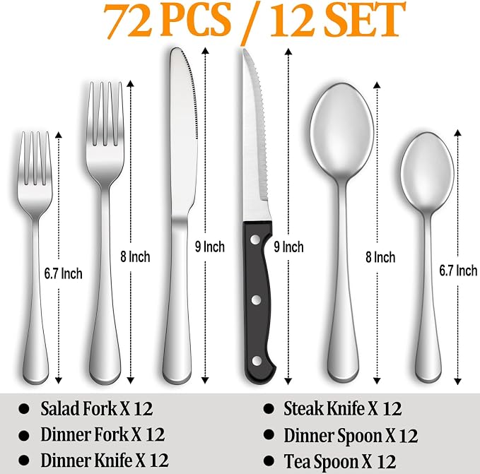 72 Pcs Silverware Set with Steak Knives - Image 2