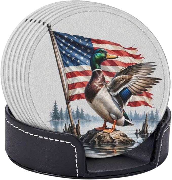 Patriotic Americana Hunting Mallard Duck Leather Coasters Set of 6 - Image 2
