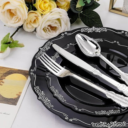 DaYammi 150 Pcs Black Silver Plastic Plates & Silver Plastic Silverware,Black silver Disposable plates for Include 30 Dinner Plate,30 Dessert Plate,30 Knives,30 Forks,30 Spoons for Party Wedding