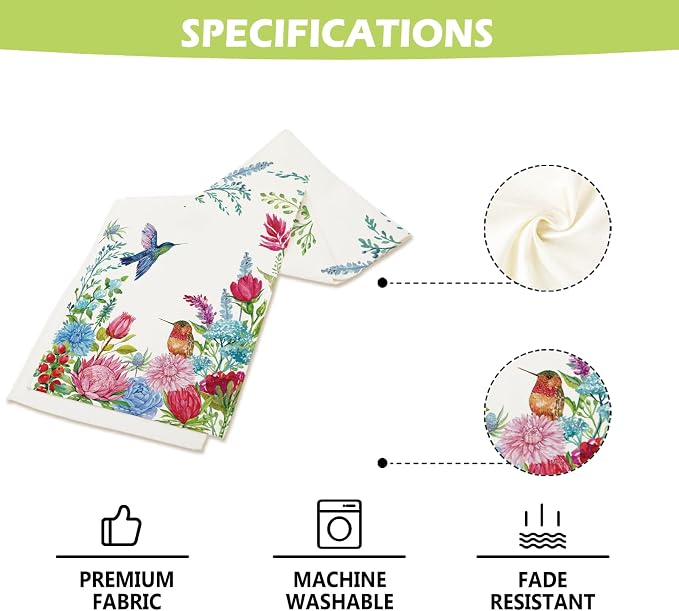 Summer Hummingbirds Floral Table Runner Green Leaves Burlap Table Runners - Image 6