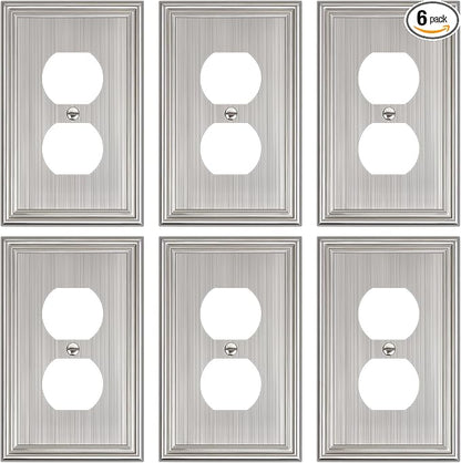 6-Pack Single Duplex Outlet Cover Plate, Decorative Brushed Nickel Switch Plates and Outlet Covers, Metal Wall Plates for Electrical Outlets, 1 Gang Receptacle Cover, Corrosion Resistant