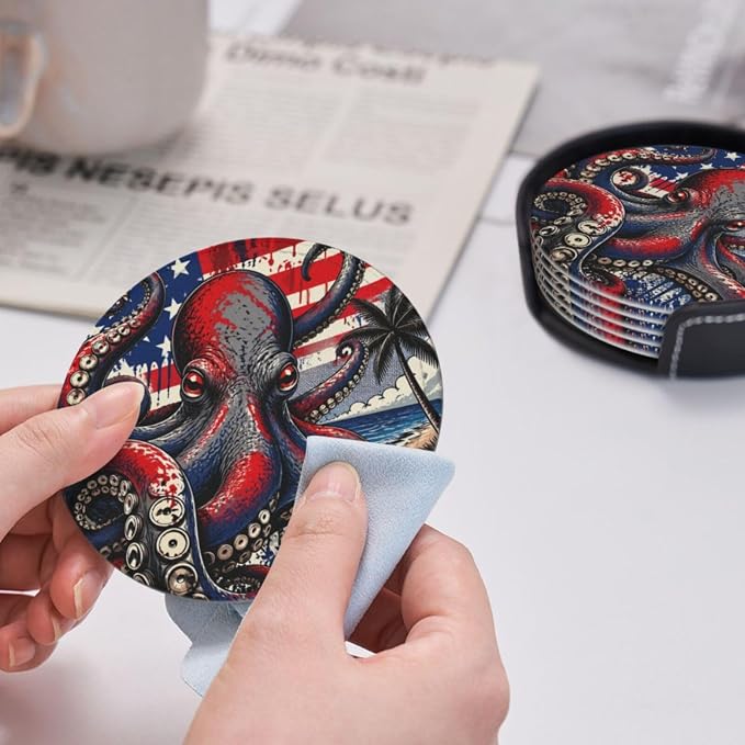 Coastal Patriotic Flag Octopus Leather Coasters Set of 6 - Image 6