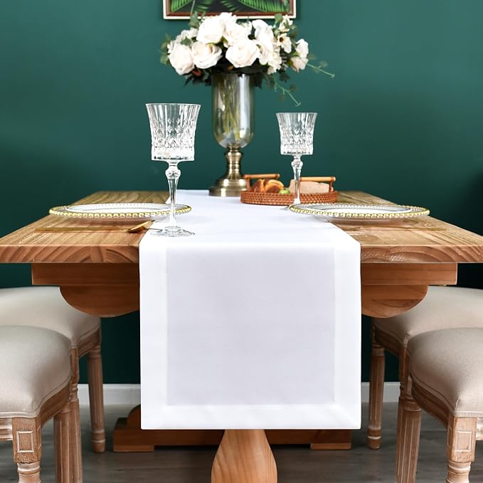 NEWISHER Farmhouse Rustic Faux Linen Solid White Table Runner 13x60inch | White - Image 3