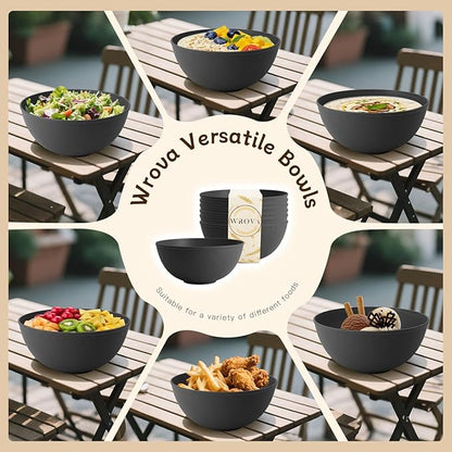 Wrova Black Cereal Bowls 40oz for Cereal Lover,Unbreakable Alternative Plastic Bowls Set of 6,Extra Thick Anti-Scald Bowl Sets suitable for Salad,Soup and Fruit.