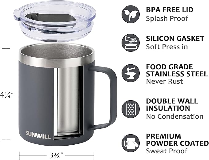 SUNWILL Travel Coffee Mug with Lid, Insulated Tumbler with Handle, 14 oz - Image 2