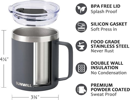 SUNWILL Travel Coffee Mug with Lid, Insulated Tumbler with Handle, 14 oz - Image 2