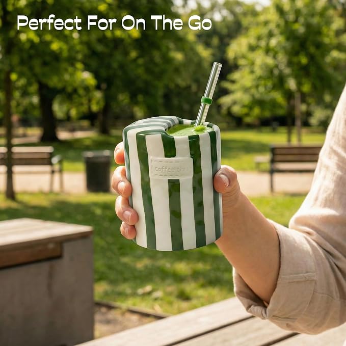 Ceramic Coffee Mug with Lid, Ceramic Travel Mug with Straw Hole, 12oz Retro - Image 7