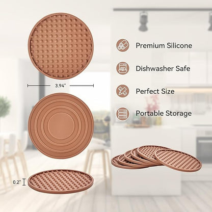 Coasters for Drinks, Silicone Coasters Set of 16 with Metal Holder, Outdoor Coaster for Coffee Table, Non-Slip Rubber Table Cup Mat Desk, Heat Resistant & Scratch-Proof (Tawny)