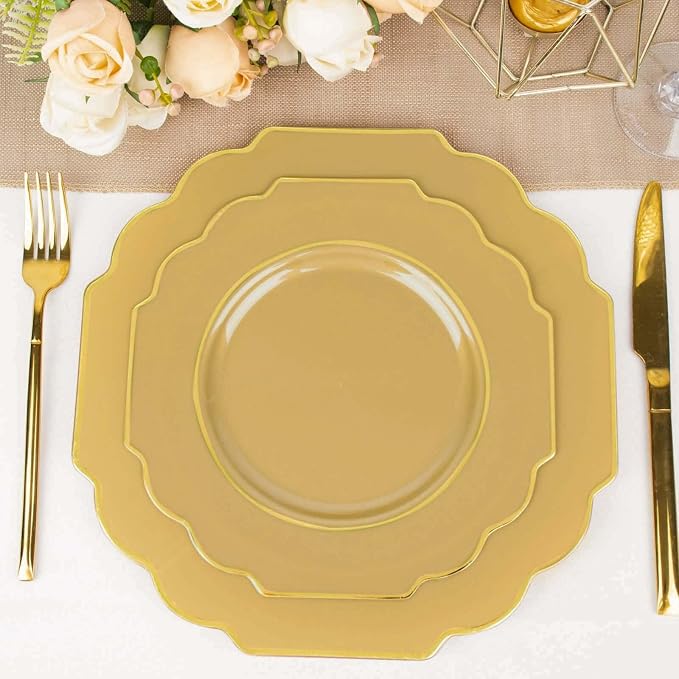 Gold Hard Plastic Dessert Plates, 50 Pack 8" Disposable Round Baroque Plates by TCFLinen