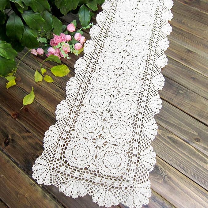 Cotton Handmade Crochet Lace Table Runner White Rectangle Coffee Table Dresser - Image 2