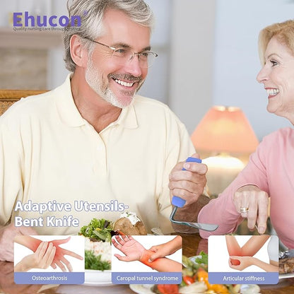 Adaptive Utensils Angled Knife and Fork for Hand Tremors Parkinsons,Weighted Utensils with Non-Slip Easy Grip Handles for Independent Eating (1pcs Bent Knife+1pcs Fork,Purple,Left Hand)