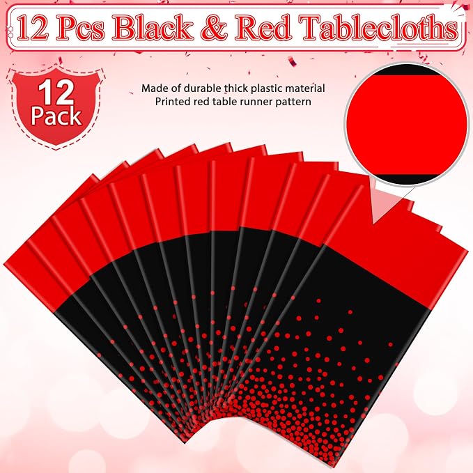 MASHAN 12Pcs Black and Red Tablecloth Party Decorations, Plastic Black Table - Image 4