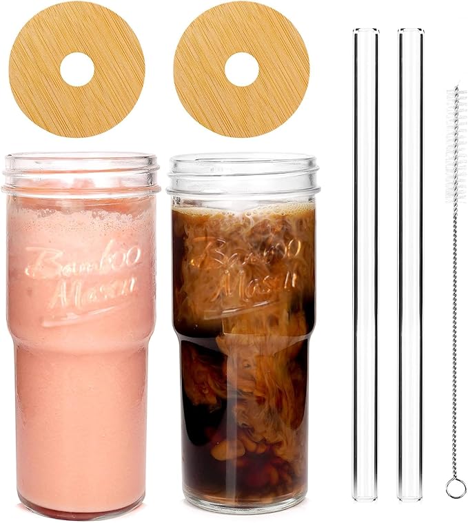 ANOTION Glass Cups with Lids and Straws 2 Packs, 24oz Travel Coffee Mug Wide by ANOTION