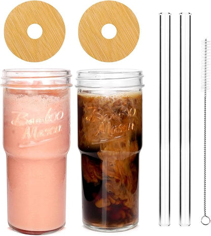 ANOTION Glass Cups with Lids and Straws 2 Packs, 24oz Travel Coffee Mug Wide by ANOTION