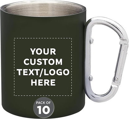 Custom Stainless Steel Mugs with Carabiner Handle 10 oz. Set of 10, Personalized Bulk Pack - Perfect for Coffee, Soda, Other Hot & Cold Beverages - Army Green