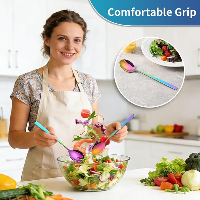 Colorful Rainbow Salad Serving Utensils Set of 2, 9.4 Inch Long Salad Serving - Image 4