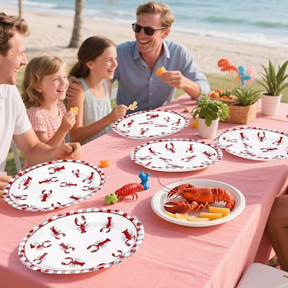 Grencian 50Pcs Crawfish Boil Oval Paper Plates 10" X 12" Disposable Red Grid Pattern Crawfish Party Plates Crawfish Tableware for Lobster BBQ Gathering Picnic Cookout Carnival Birthday Decorations