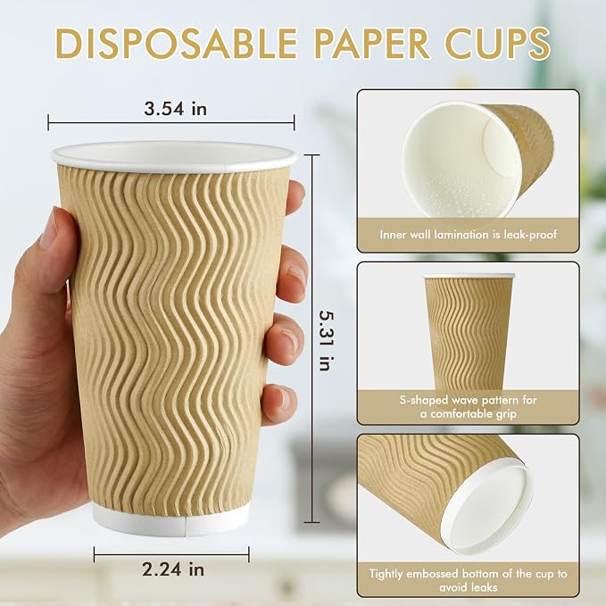 90 Count 16 oz Coffee Cups, Insulated Ripple Wall Paper Hot Cups, Leak-Proof - Image 3
