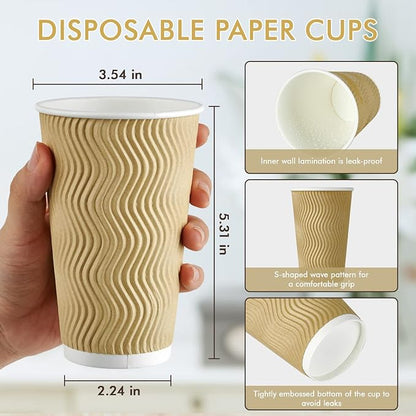 90 Count 16 oz Coffee Cups, Insulated Ripple Wall Paper Hot Cups, Leak-Proof - Image 3