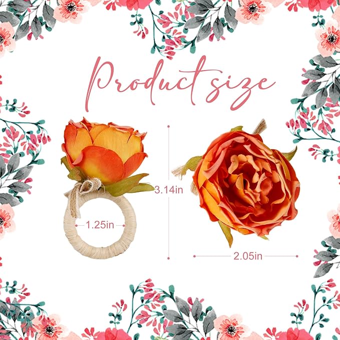 Handcraft Orange Flower Napkin Rings Set of 12, Peony Napkin Holder Floral Rings - Image 5
