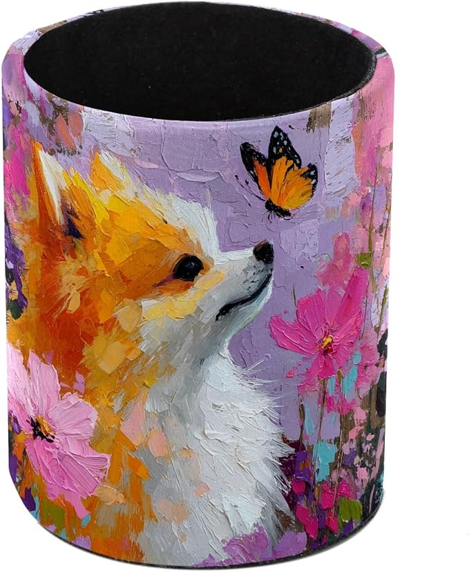 Leather Pen Holder for Desk, Dog Oil Painting Pencil Cup Pen Organizer Makeup by Unknown