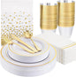 GATHER 176 Pieces Gold Dinnerware Disposable - White and Gold Plastic Plates Includes 50 Plates, 25 Plastic Silverware, 25 Napkins, 25 Cups and 1 Tablecloth for Wedding Party