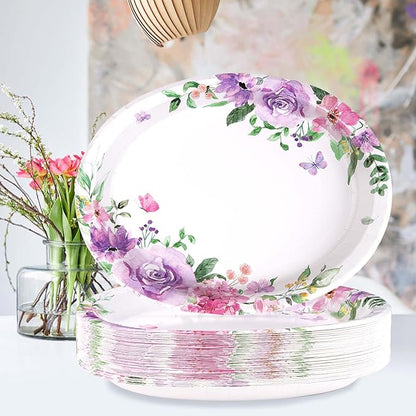 50Pcs Floral Oval Paper Plates 10" x 12" Large Heavy Duty Disposable Watercolor Purple Floral Butterfly Paper Plates Spring Rose Flower Dessert Platters for Bridal Shower Wedding Supplies Decorations