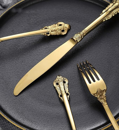 Gold Silverware Set for 14 Durable 18/10 Stainless Steel Flatware Set Palace Style Modern Cutlery Utensils Set 56 Piece Include Knives Forks and Spoons Tableware Set for Home Kitchen Restaurant
