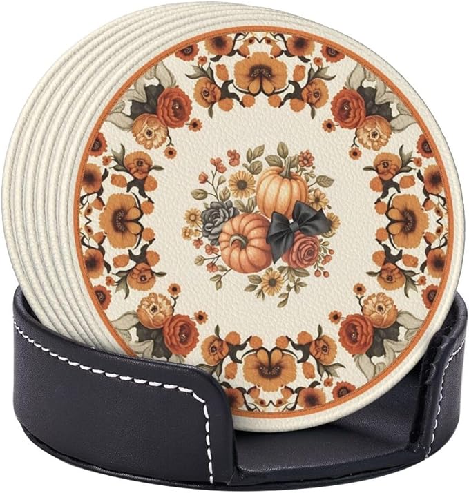 Sunflowers with Pumpkins Leather Coasters Set of 6 with Holders - Image 4