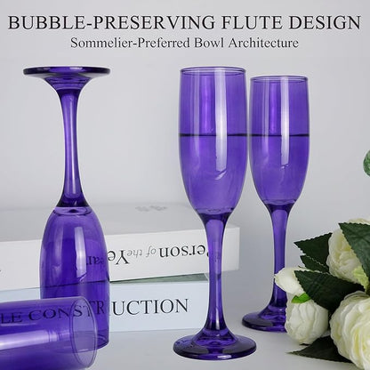 Champagne Flutes Glasses Set of 6-6oz Elegant Purple Glass, Unique Purple Colored Long Stem Champagne Flute Gift for Wedding, Anniversaries, Parties, Birthday, Restaurant, Home Bar