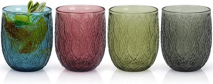 Topsky Vintage Drinking Glass Set of 4,12 oz Embossed Willow Leaf Drinkware Set,Colorful Drinking Glasses Cups Wine Glasses Colored Glassware for Whisky,Beer,Juice,Cocktail,Heavy Duty
