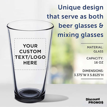 DISCOUNT PROMOS Custom Beer Pint Glasses 16 oz. Set of 10/50/100, Personalized Bulk Pack - Heavy Duty Glassware for Restaurant, Thick Base and Walls, Stackable - Black