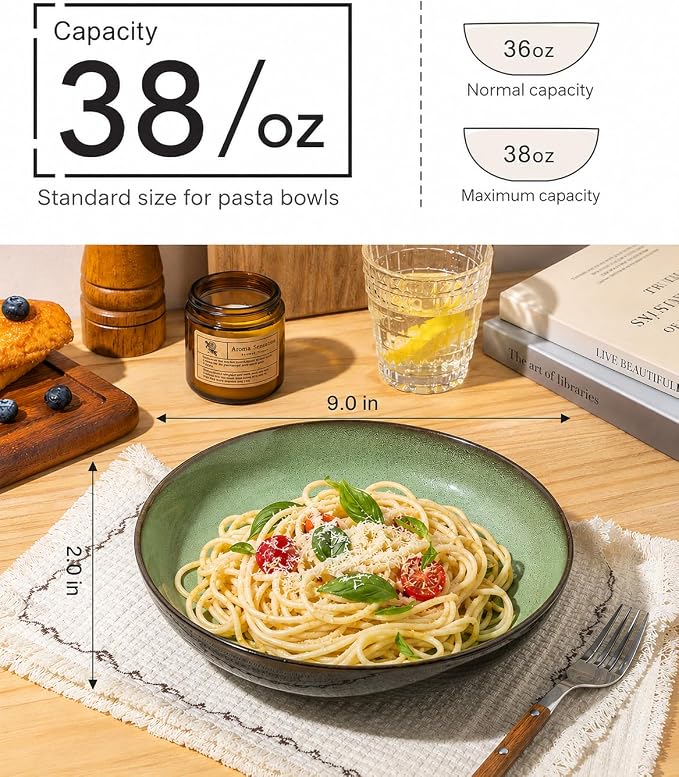 LERATIO 9.0" Ceramic Pasta Bowls Set of 6, 38oz Large Stoneware Bowls Set | - Image 2