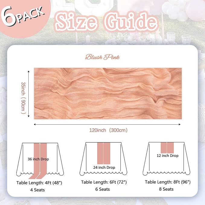 6 Pack Blush Pink Cheesecloth Table Runner 35 x 120 Inch | Boho Gauze Cheese - Image 2