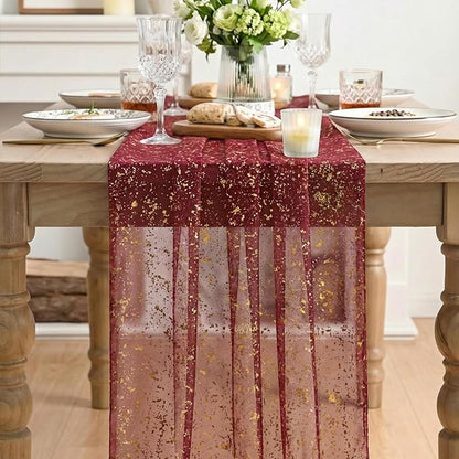 Artoid Mode Burgundy Gold Gauze Table Runner 120 Inch 10FT, Glitter Metallic Foil Sheer Dining Wedding Anniversary Holiday Birthday Table Decor for Home Party