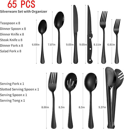 53PCS Silverware Set for 8 with Flatware Drawer Organizer, Stainless Steel Cutlery Set with Steak Knives, Include Spoons and Forks Set & Serving Utensils, Mirror Polished, Black