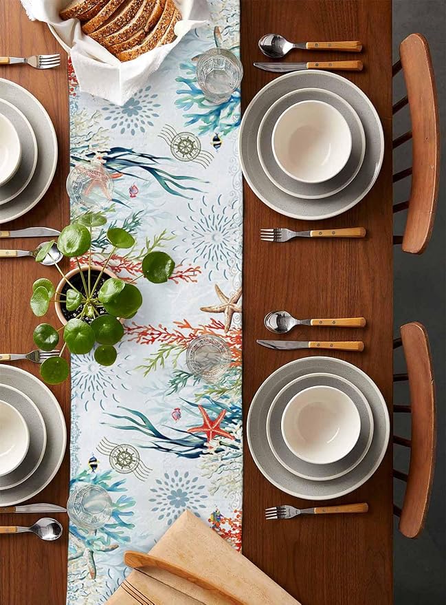 Sea Turtle Coastal Table Runners 60 Inches Long, Summer Beach Coral Table - Image 5