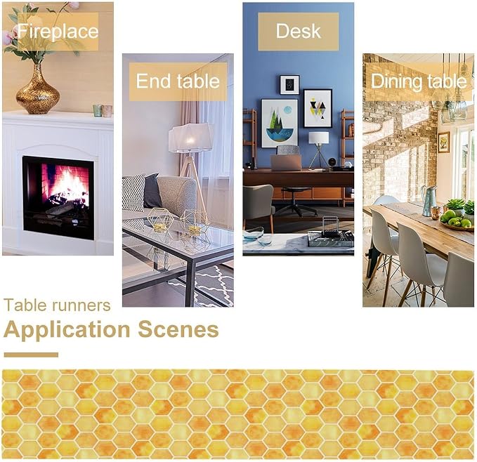 Honeycomb Bee Table Runner, Cute Abstract Geometric Yellow Honeycombs Print - Image 4