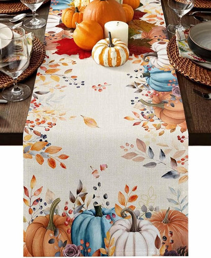Orange Blue Pumpkin Fall Table Runner 90 Inches Long, Thanksgiving Eucalyptus by Unknown