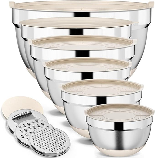9 Pack Mixing Bowls with Airtight Lids Set, Stainless Steel Mixing Bowls with Grater Attachments, Nesting Kitchen Bowl Set with Non-Silp Bases, Size 7, 4, 3, 2, 1.5,1QT, Khaki