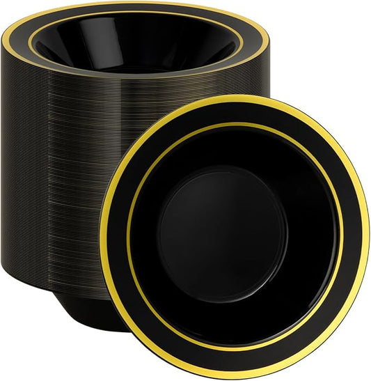 BESTSTAR 200 Pack Black Disposable Bowls with Gold Rim, 12oz Black Plastic Soup Bowls for Party, Wedding, Holiday,And Halloween