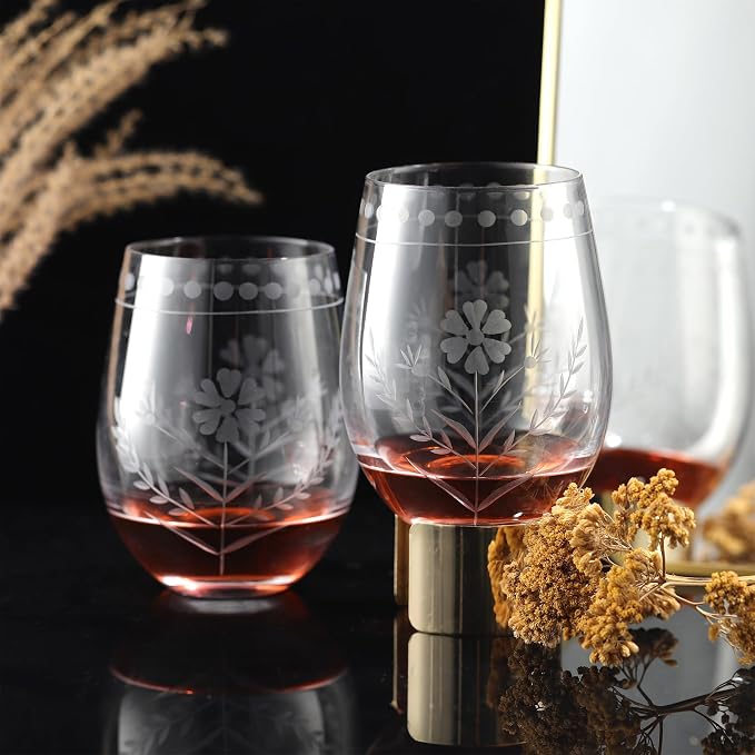 Joeyan Hand Blown Etched Stemless Wine Glasses, Carved Red and White Wine - Image 5